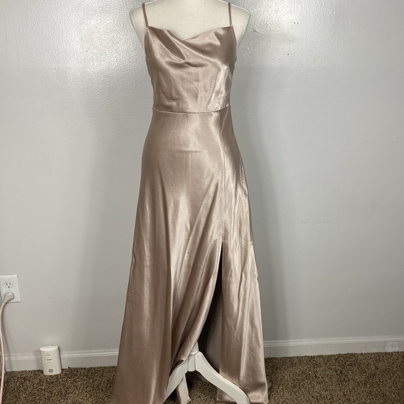 Birdy Grey Lisa Long Satin Dress Taupe Size 4  leg slit - Picture 5 of 12